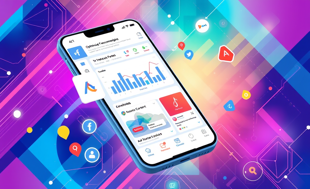 Imagen que ilustra el uso de una herramienta móvil para la optimización de Facebook, mostrando funciones y beneficios.