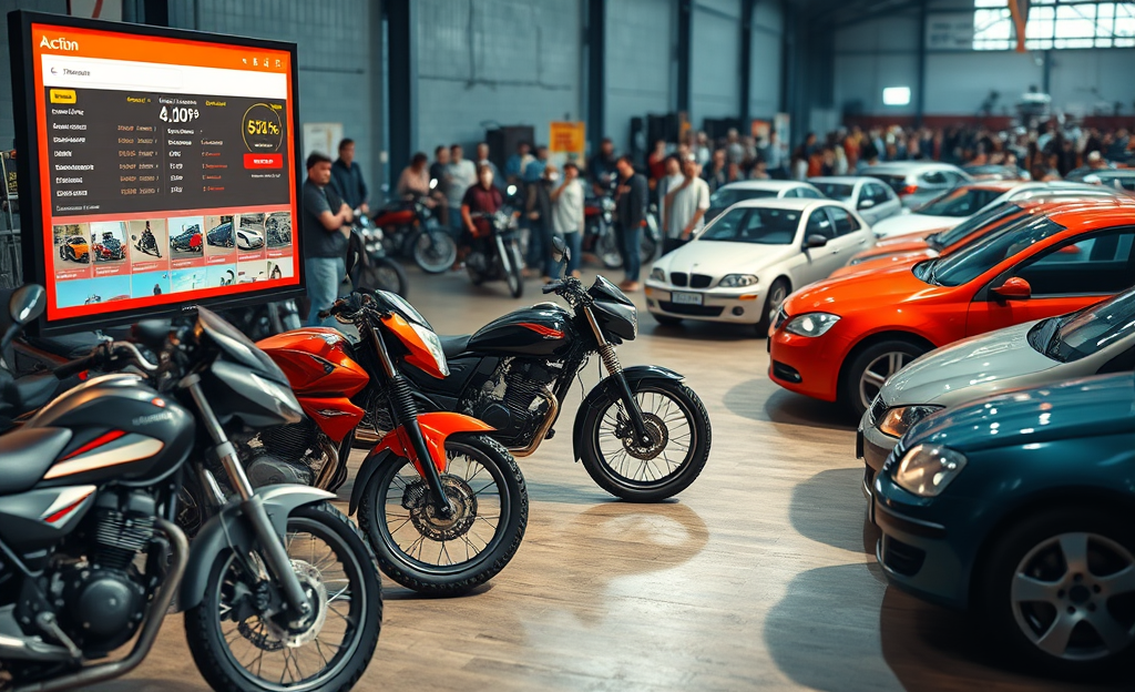 Imagen de una subasta de motos y coches usados, mostrando vehículos listos para ser comprados.