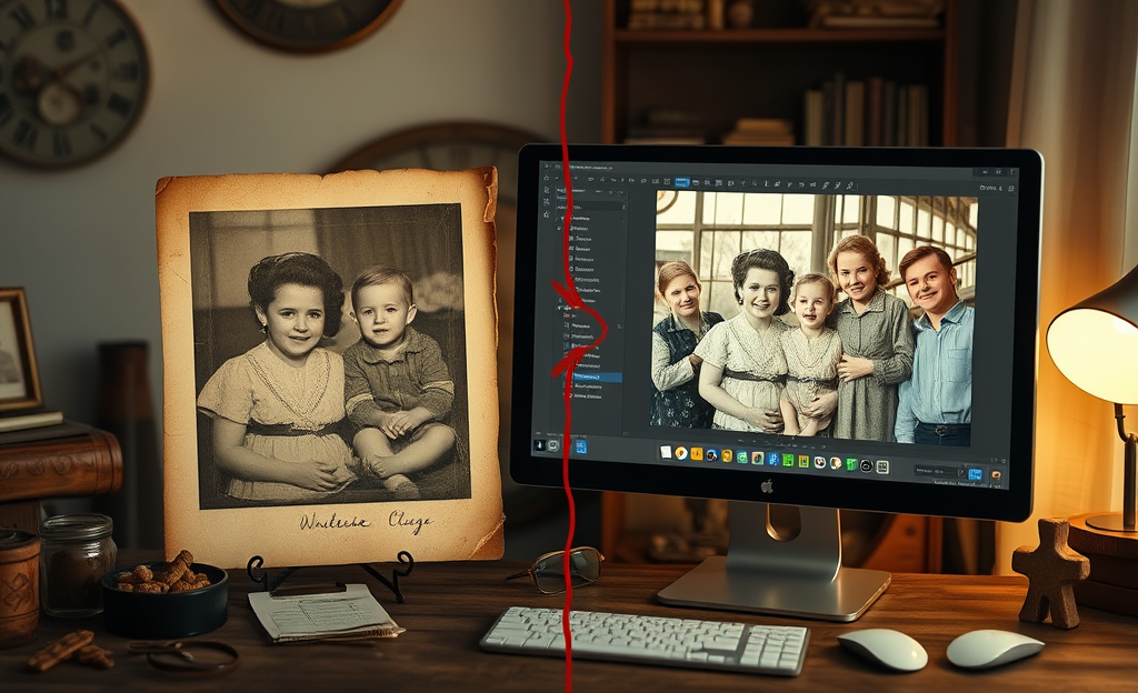 Imágenes restauradas de recuerdos familiares con un toque moderno.