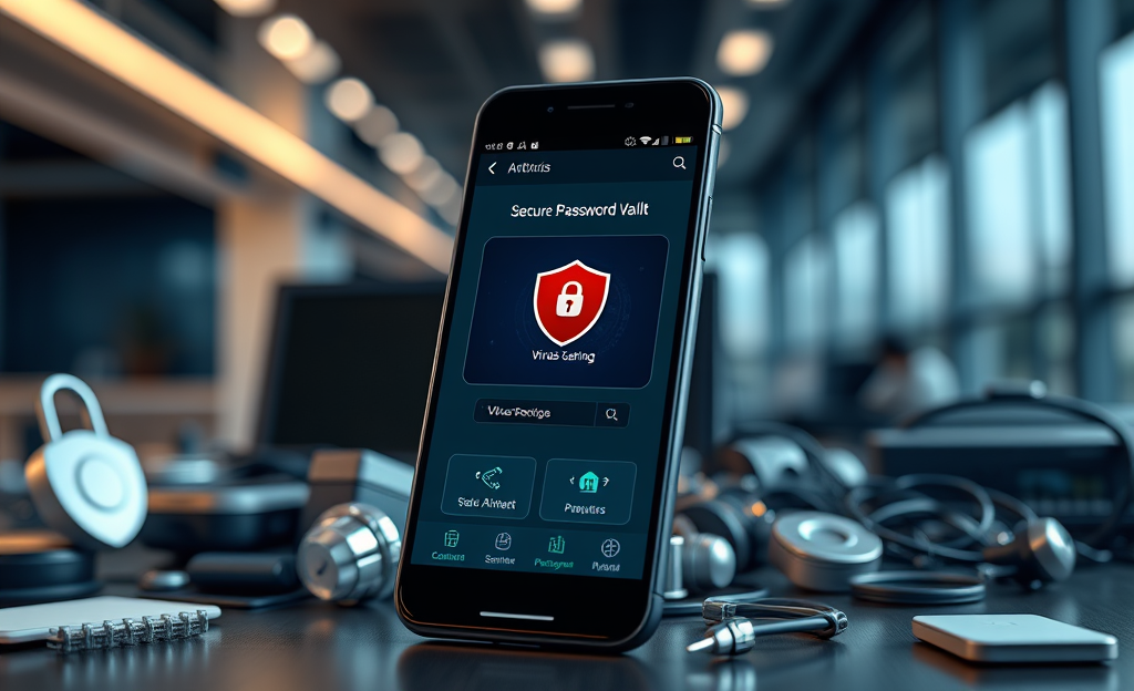 Imagen de una aplicación de antivirus móvil con bóveda de contraseñas para proteger datos personales.
