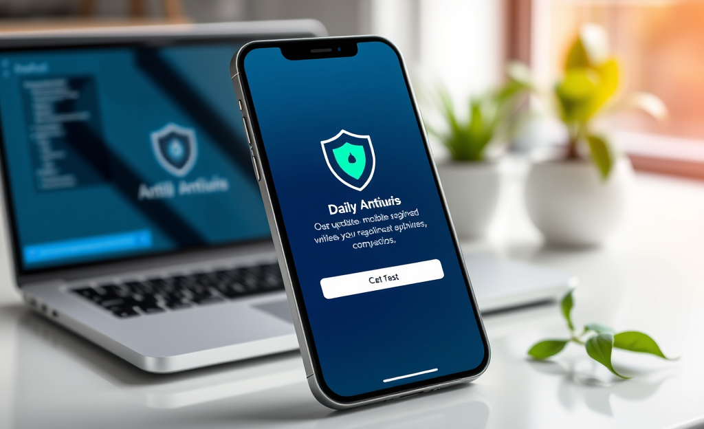 Imagen de un dispositivo móvil con antivirus mostrando una actualización diaria de seguridad.