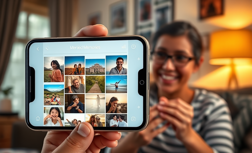 Imagen mostrando la interfaz de una aplicación para recuperar fotos eliminadas y guardar recuerdos.