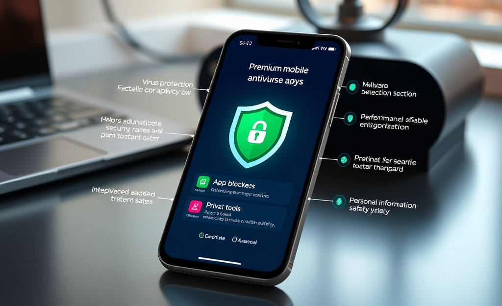 Imagen de una aplicación de antivirus móvil premium protegiendo un dispositivo.
