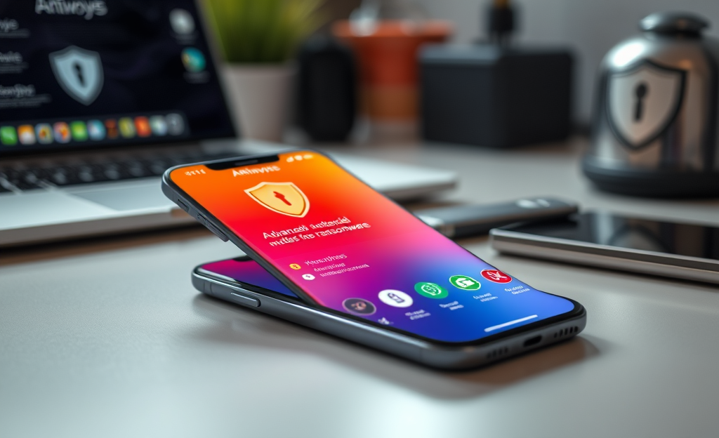 Imagen de un dispositivo móvil protegiéndose contra ransomware con antivirus.