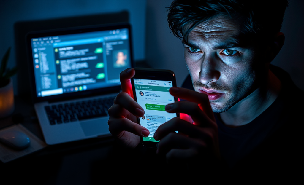 Imagen mostrando un teléfono móvil con WhatsApp abierto, representando la temática de abrir conversaciones ajenas.