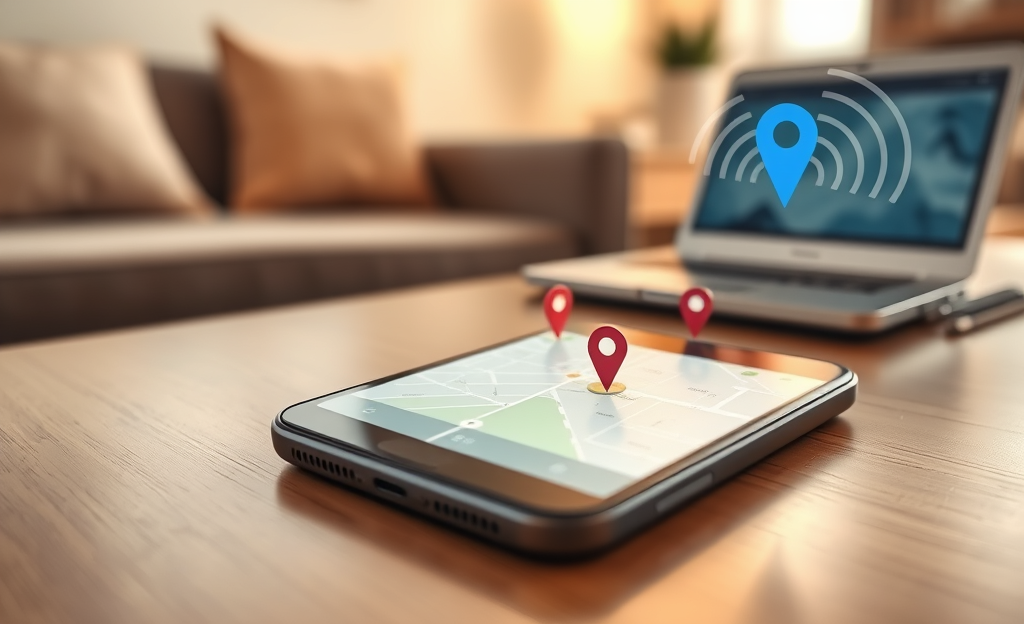 Imagen de una aplicación que rastrea teléfonos móviles perdidos, mostrando un mapa y ubicación.
