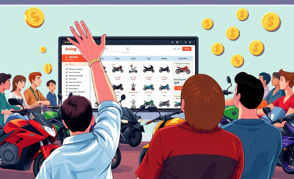 Un comprador revisa motos baratas en una subasta online, listo para hacer su oferta