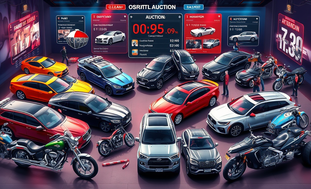 Imagen destacada de una subasta de coches y motos, mostrando una variedad de vehículos en exposición.