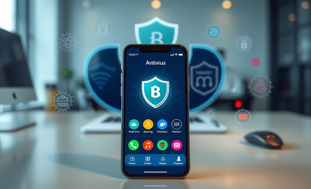 Imagen que muestra la interfaz de una aplicación de antivirus para móvil, destacando su interfaz de usuario y características de protección.