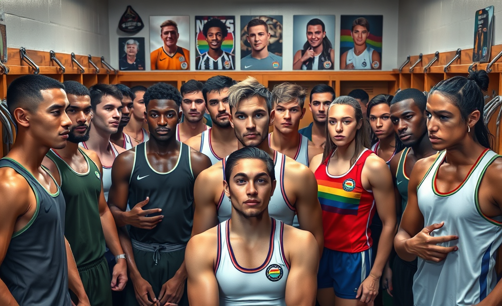 Un grupo de deportistas de diversas identidades LGTBIQ+ uniendo fuerzas en un ambiente deportivo, rompiendo estereotipos y promoviendo la visibilidad.