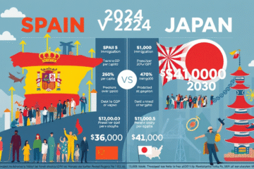 Gráfica que muestra la comparación del PIB per cápita entre España y Japón, destacando el crecimiento sostenido de España y los desafíos económicos de Japón.