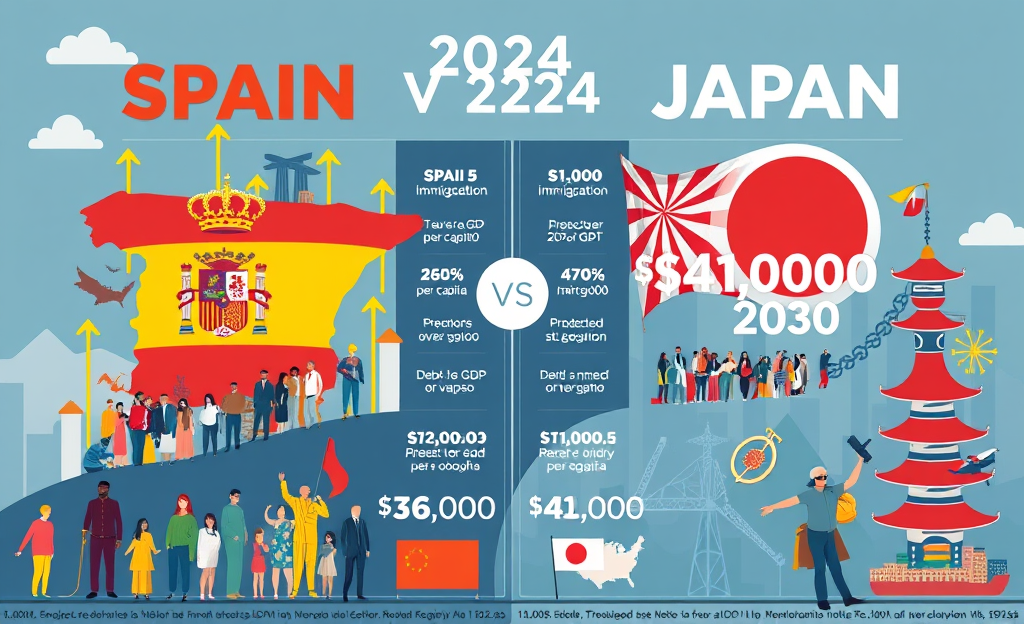 Gráfica que muestra la comparación del PIB per cápita entre España y Japón, destacando el crecimiento sostenido de España y los desafíos económicos de Japón.