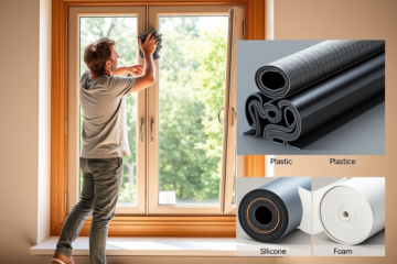 Burletes adhesivos instalados en un marco de ventana para evitar la entrada de aire frío.