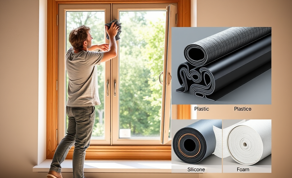 Burletes adhesivos instalados en un marco de ventana para evitar la entrada de aire frío.