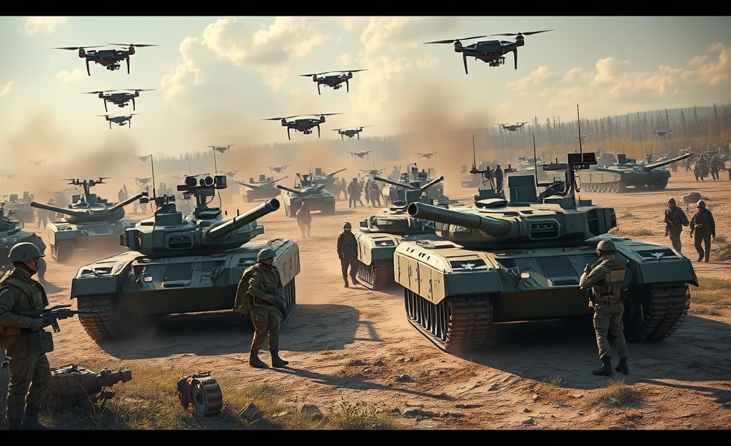Imagen que representa la transformación de la guerra moderna gracias a la tecnología, enfocándose en la inteligencia artificial y los drones.