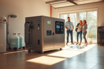 Máquina que convierte aire y CO₂ en gasolina sintética utilizando energía renovable.