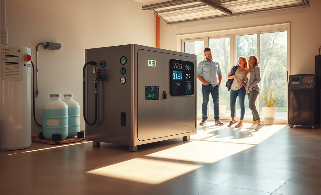 Máquina que convierte aire y CO₂ en gasolina sintética utilizando energía renovable.