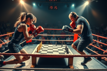 Participantes de chessboxing alternando entre ajedrez y boxeo en una competencia emocionante.