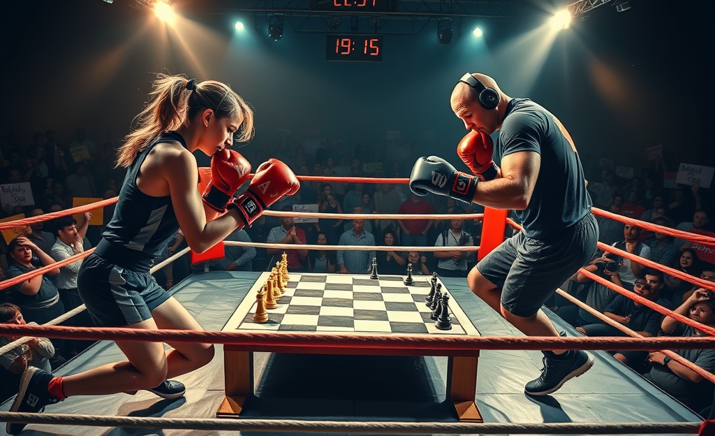 Participantes de chessboxing alternando entre ajedrez y boxeo en una competencia emocionante.