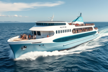 El barco eléctrico Hull 096 en pruebas en mar abierto, destacando su tamaño y capacidad de propulsión sostenible.