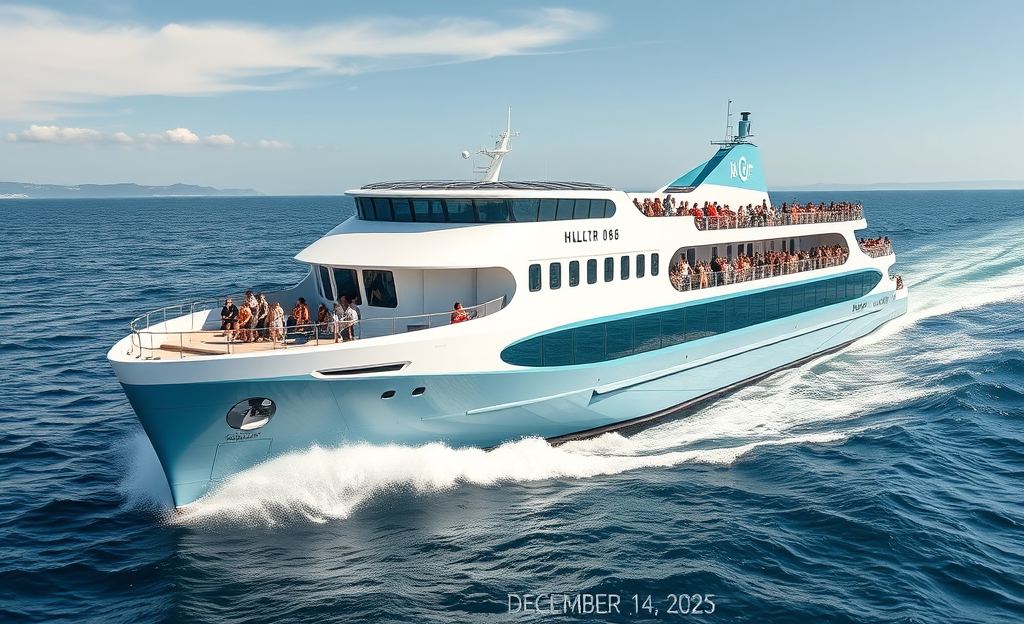 El barco eléctrico Hull 096 en pruebas en mar abierto, destacando su tamaño y capacidad de propulsión sostenible.
