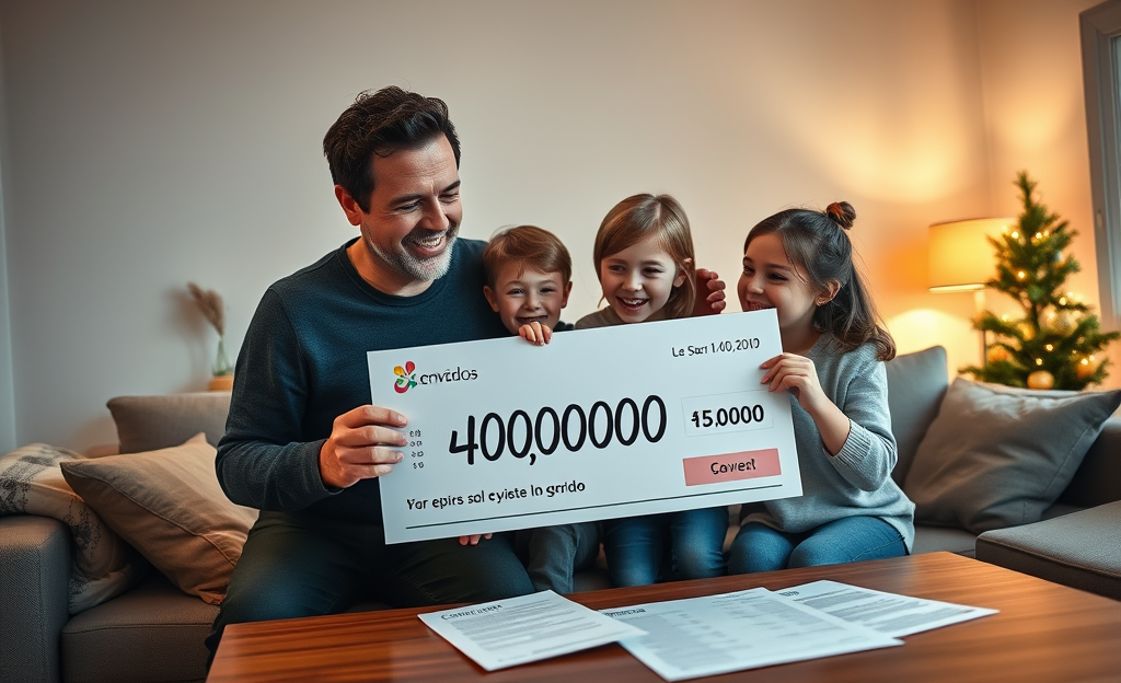 Familia celebrando el premio de la Lotería de Navidad, discutiendo cómo compartirlo sin impuestos excesivos.