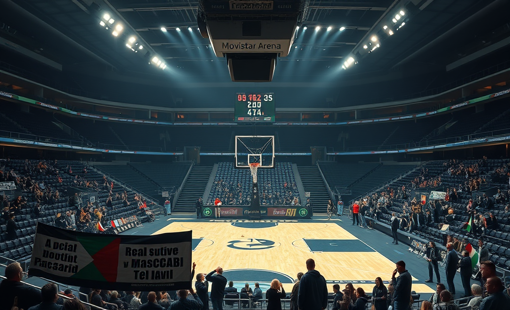 Colectivos sociales de Madrid piden la suspensión del partido de baloncesto, denunciando la normalización del genocidio en Palestina a través del deporte.