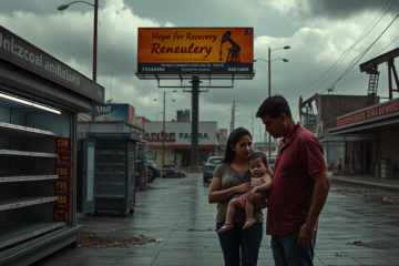 Representación visual de la crisis económica en Venezuela y sus efectos en la población y la producción petrolera.