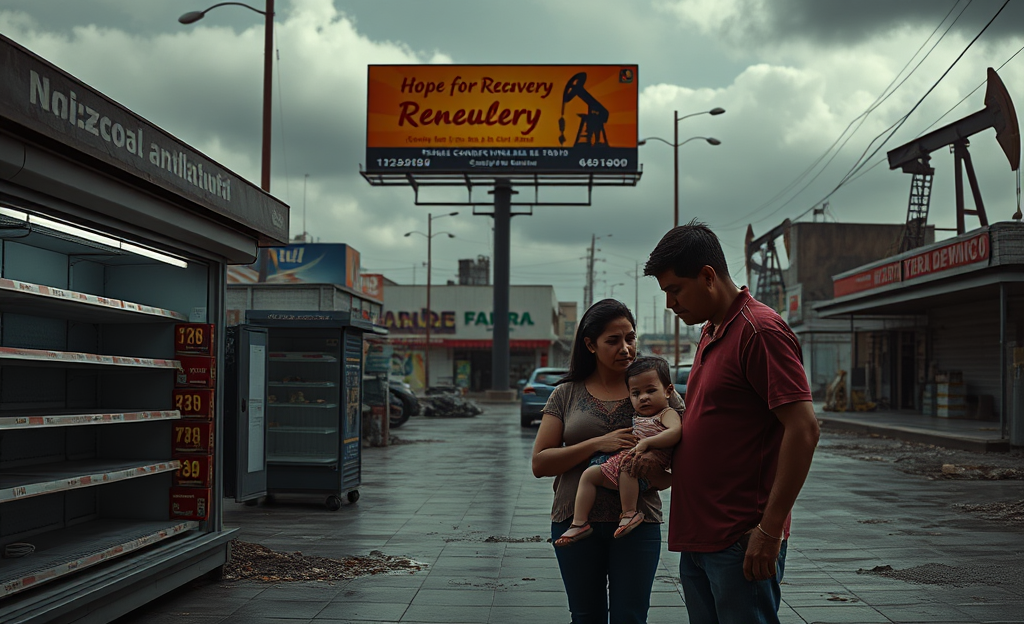 Representación visual de la crisis económica en Venezuela y sus efectos en la población y la producción petrolera.