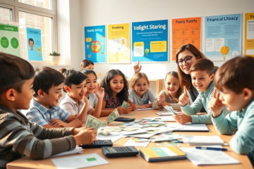 Niños aprendiendo sobre educación financiera en un aula