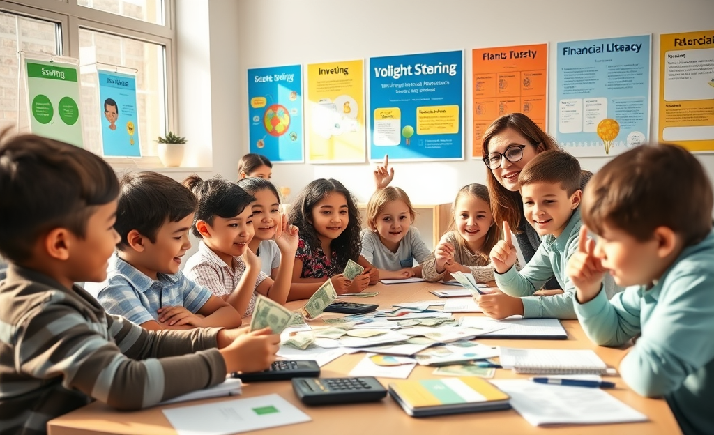 Niños aprendiendo sobre educación financiera en un aula