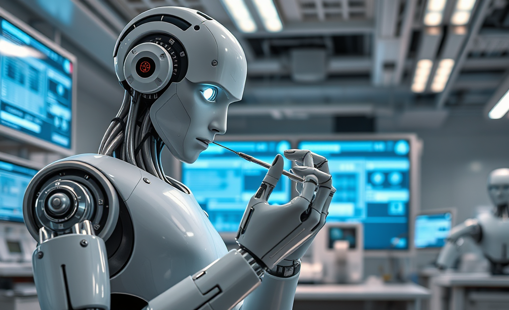Un robot humanoide realizando movimientos precisos con una aguja, destacando su capacidad de aprendizaje y control motor avanzado.