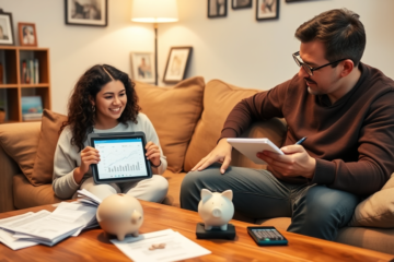 Pareja discutiendo sobre finanzas compartidas y planificación económica.