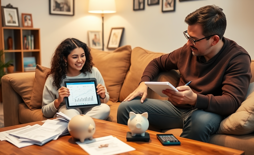Pareja discutiendo sobre finanzas compartidas y planificación económica.
