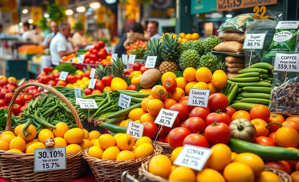 Gráfico de precios de alimentos en aumento en febrero, destacando huevos y verduras.