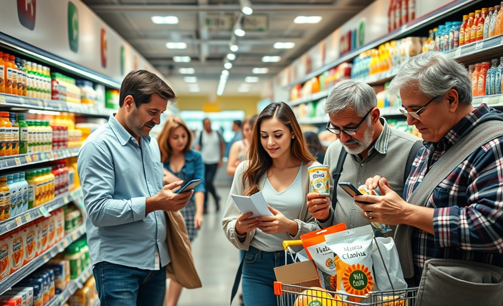 Consumidores eligiendo productos de marca blanca en un supermercado, reflejando el impacto de la inflación en la cesta de la compra.