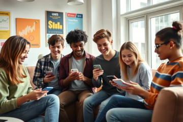 Adolescentes aprendiendo sobre inversión a través de aplicaciones móviles y redes sociales.