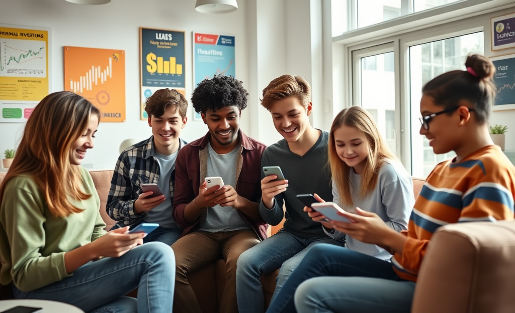 Adolescentes aprendiendo sobre inversión a través de aplicaciones móviles y redes sociales.