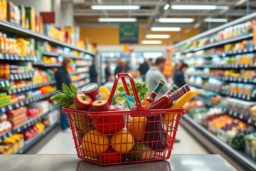 Imagen de productos en un supermercado con etiquetas de precios altos, representando el aumento en los costos de la cesta de la compra.