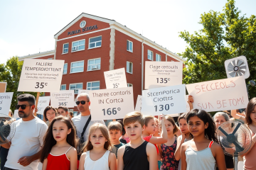 Protesta de familias por el calor en aulas de la escuela pública, pidiendo inversiones en climatización.
