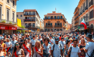 Grupos de turistas disfrutando de Los Sanfermines en un ambiente festivo.