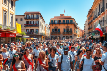 Grupos de turistas disfrutando de Los Sanfermines en un ambiente festivo.