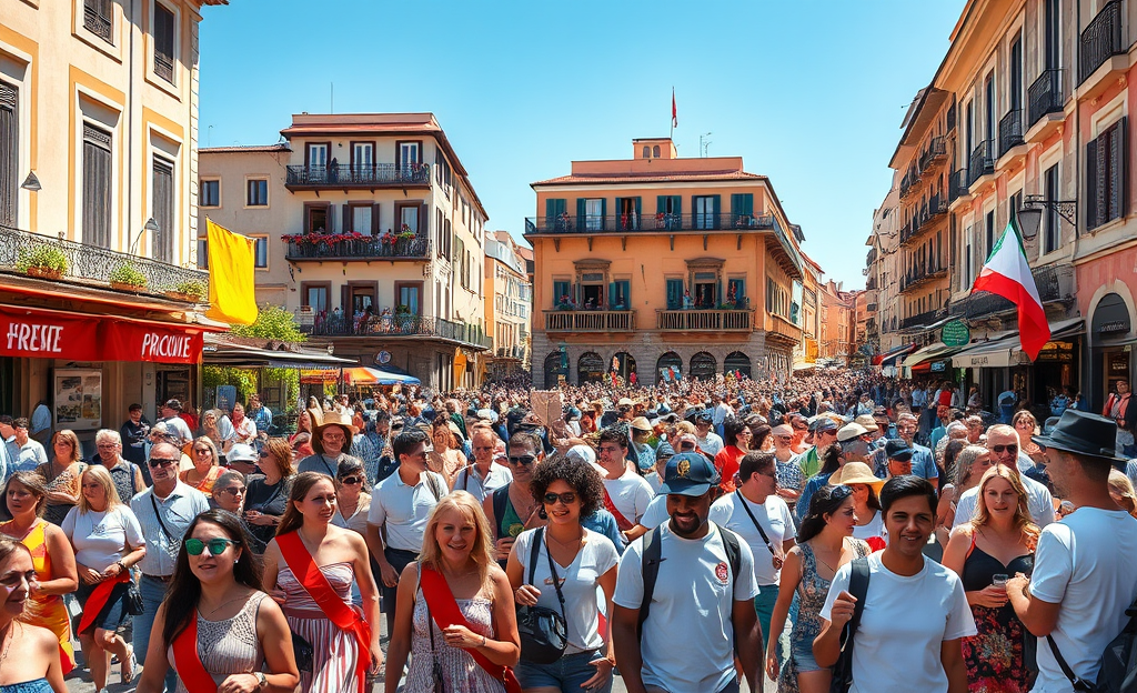 Grupos de turistas disfrutando de Los Sanfermines en un ambiente festivo.