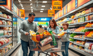 Familias ahorrando al comprar en Aldi con promociones y productos frescos.