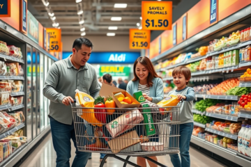 Familias ahorrando al comprar en Aldi con promociones y productos frescos.