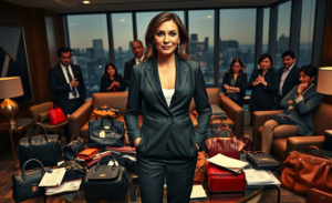 Imagen de una mujer acusada de estafa financiera, conocida como la Messi de las finanzas, rodeada de lujos y bienes incautados.