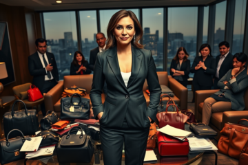 Imagen de una mujer acusada de estafa financiera, conocida como la Messi de las finanzas, rodeada de lujos y bienes incautados.