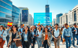 Gráfica que muestra la disminución de la tasa de paro en España por debajo del 10% y el aumento de empleos en el último año.