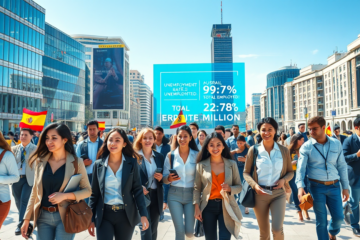 Gráfica que muestra la disminución de la tasa de paro en España por debajo del 10% y el aumento de empleos en el último año.
