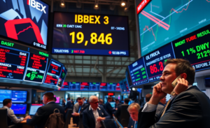 Gráfico del IBEX 35 mostrando un ligero aumento mientras Barclays reporta resultados decepcionantes y otros índices sufren caídas significativas.
